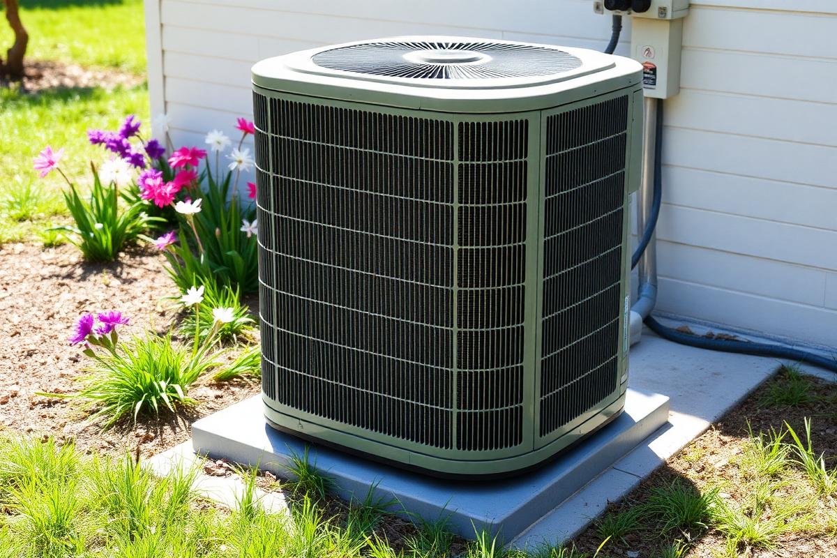 Outdoor air conditioning condenser unit on a sunny spring day