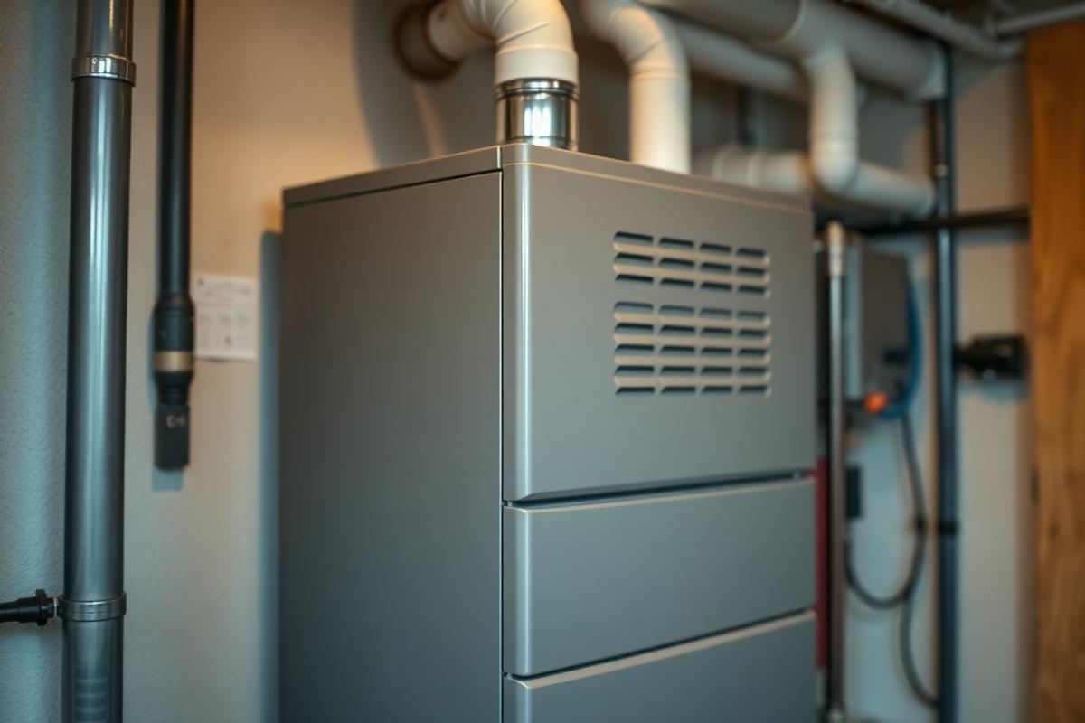 High efficiency residential gas furnace in a utility room